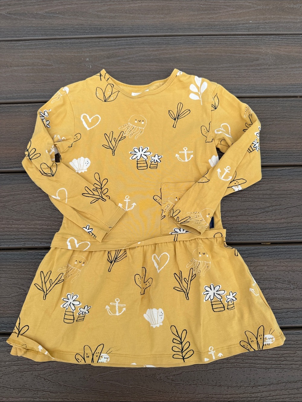Girls' Mustard Yellow Long-Sleeve Casual Dress with Playful Nautical Print